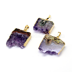 Natural Drusy Amethyst Rectangle Pendants, with Plated Brass Finding, Golden, 24~42x22~35x6~7mm, Hole: 8x5mm