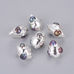 Culture des perles perles d'eau douce naturelles, teinte, avec des accessoires en laiton plaqué argent, forme d'olive, colorées, 30~33x16~19mm, Trou: 1mm