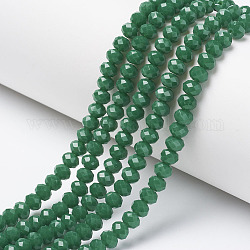 Chapelets de perles en verre opaque de couleur unie, facette, rondelle, verte, 6x5mm, Trou: 1mm, Environ 85~88 pcs/chapelet, 16.1~16.5 pouce (41~42 cm)