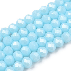 Abalorios de vidrio electroplate hebras, lustre de la perla chapado, facetados, rerondana plana, azul claro, 4x3mm, agujero: 0.4 mm, aproximamente 123~127 pcs / cadena, 16.5~16.9 pulgada (42~43 cm)