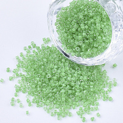 Perline cilindriche di vetro, perline semi, colori all'interno, foro rotondo, verde chiaro, 1.5~2x1~2mm, Foro: 0.8 mm, circa 8000pcs/scatola, su 85~95 g / borsa