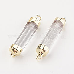 Conectores de enlaces de cristal de cuarzo natural, cristal de roca, con fornituras de latón, columna, 25~27x5~6mm, agujero: 2 mm