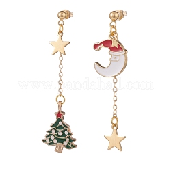 Christmas Tree & Moon Alloy Enamel Dangle Stud Earrings, 304 Stainless Steel Long Tassel Asymmetrical Earrings for Women, Colorful, 55~63mm, Pin: 0.7mm