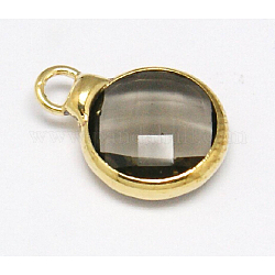Goldton Messingglas flache runde Charme, facettiert, Bräune, 12x8.5x3 mm, Bohrung: 1.5 mm