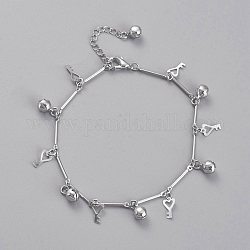 Brass Heart Key Charm Anklets, with Bar Link Chains and Bell Charms, Platinum, 8-3/4 inch(22.3cm)