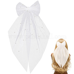 Organza Bridal Hair Bow Veil, with Imitation Pearl & Alloy Barrette Clip, Large Bowknot Hair Clip, Pre-wedding Party Decorations, White, 420x150x7mm