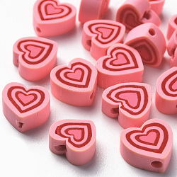 Perles en pâte polymère manuel, cœur, rose, 7.5~11x7~11x4~5mm, Trou: 1.8mm