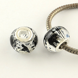 Rondelle pulvérisation verre peint perles européennes, avec noyaux en laiton plaqué couleur argent, Perles avec un grand trou   , noir, 15x11mm, Trou: 5mm