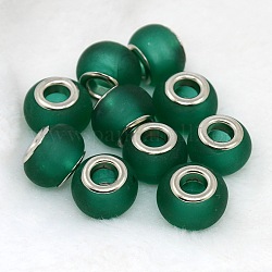 Handmade Lampwork European Beads, with Platinum Brass Double Cores, Rondelle, Teal, 13~14x10mm, Hole: 4.2mm