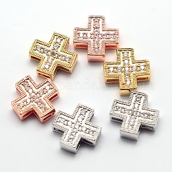 Hollow Brass Micro Pave Cubic Zirconia Slide Charms, Cadmium Free & Nickel Free & Lead Free, Greek Cross, Mixed Color, 12x12x4mm, Hole: 3x1mm