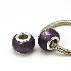 Purple Handmade Silver Foil Lampwork Glass Large Hole Beads for European Bracelets, Silver Color Brass Core, Rondelle, about 13mm in diameter, 10mm thick, hole: 5mm