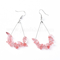 Dangle Earrings, with Cherry Quartz Glass Chips, Platinum Plated Brass Earring Hooks and teardrop, Pendants, 71~75mm, Pendant: 53.5~59mm, Pin: 0.5mm