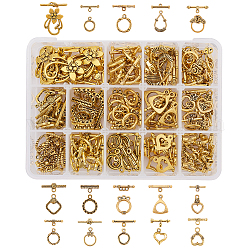 PandaHall 120 Sets 15 Styles Tibetan Style Toggle Clasps T-bar Closure Clasps IQ Toggle Clasps TBar Clasps Findings Jewelry Making for Necklace Bracelet Jewelry Making (Antique Golden)