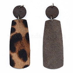Grands pendentifs en cuir de vachette écologique, avec bois teinté et 304 anneaux en acier inoxydable, rectangle avec imprimé léopard, chameau, 75mm