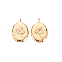 Brass Pendants, Nickel Free, Oval with Eye, Real 18K Gold Plated, 17x11x1.5mm, Hole: 1.5mm