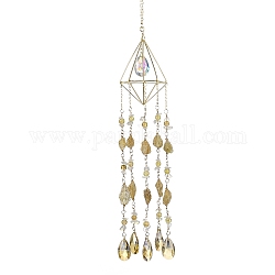Carillon di vento citrino naturale grezzo grezzo, con perle di vetro e risultati di ferro, rombo, oro, 516mm