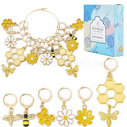 SUNNYCLUE Bee & Flower Locking Stitch Markers, Alloy Enamel Pendant Stitch Marker, with 304 Stainless Steel Hoop, Golden, 2.9~6.4cm, 6 styles, 2pcs/style, 12pcs/box