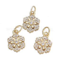 Brass Micro Pave Cubic Zirconia Charms, with Jump Rings, Snowflake, Clear, Real 18K Gold Plated, 13x9x2mm, Jump Rings: Inner Diameter: 3.5mm