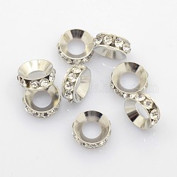 Abalorios de latón Diamante de imitación espaciador, rerondana plana, Platino, blanco, tamaño: aproximamente 13 mm de diámetro, 5 mm de espesor, agujero: 7 mm