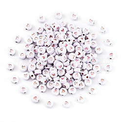 Perles acryliques plaquées, métal enlacée, plat et circulaire avec coeur, blanc, rose plaqué or, 7x3.5mm, Trou: 1.5mm, environ 200 pcs / sachet 