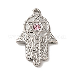 304 Stainless Steel Pendants, with Light Rose Rhinestone, Hamsa Hand with Star of David Charms, Stainless Steel Color, 28.5x19x2.5mm, Hole: 2mm