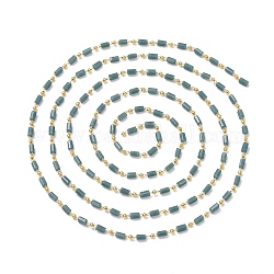 Chaînes de perles de verre faites à la main de 3.28 pied, soudé, avec les accessoires en laiton, Plaqué longue durée, véritable 18k plaqué or, cuboïde, bleu cadet, 4.5x2.5~3x2.5~3mm, 2mm
