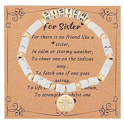 Olycraft Word Sister Synthetic Howlite & Brass Beaded Stretch Bracelet, Clear Cubic Zirconia Star Charms Bracelet for Girl Women, Inner Diameter: 2-1/8 inch(5.4cm), 1pc/set