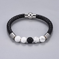 Woman's Braided Leather Cord Bracelets, with Natural Howlite and Black Agate(Dyed), Brass and Stainless Steel Findings, 7-1/2 inch(19cm)