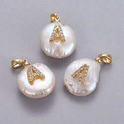 Pendentifs de perles d'eau douce de culture naturelle, avec accessoires zircon cubique micro pave en laiton, pépites avec lettre, Plaqué longue durée, or, clair, letter.a, 17~27x12~16x6~12mm, Trou: 4x2.5mm
