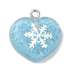 Acrylic Pendant, with Iron Findings, Glitter, Valentine Heart with Snowflake, Pale Turquoise, 20.5x20x6.5mm, Hole: 2mm