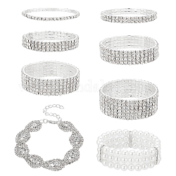 Anattasoul 8pcs 8 style cristal strass tennis bracelets ensemble, ensemble de bracelets extensibles triple ligne de perles d'imitation, bijoux en alliage, platine, diamètre intérieur: 1-7/8~2-1/8 pouce (4.8~5.3 cm), 1pc / style