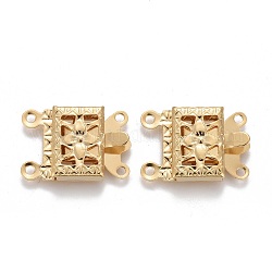 304 Stainless Steel Box Clasps, Multi-Strand Clasps, 2-Strands, 4-Holes, Rectangle with Flower, Real 24k Gold Plated, 15x10x3mm, Hole: 1mm
