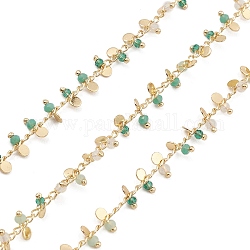Brass Link Chains, with Medium Aquamarine Beads & Flat Round Charms, Unwelded, with Spool, Real 18K Gold Plated, 3x2x0.2mm
