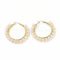 Boucles d'oreilles créoles en perles de quartz rose naturel pour femme, boucles d'oreilles créoles grand cercle plaqué or véritable 18k, 47~49x51~52x6~6.6mm, pin: 1.4x0.4 mm
