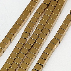 Electroplate Non-magnetic Synthetic Hematite Beads Strands, Cube, Grade A, Golden Plated, 3x3x3mm, Hole: 1mm, about 127pcs/strand, 16 inch