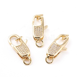 Brass Micro Pave Clear Cubic Zirconia Lobster Claw Clasp, with Jump Rings, Long-Lasting Plated, Real 18K Gold Plated, 24x11.5x5.5mm, Hole: 4mm