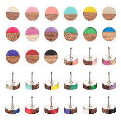 Punaises en fer, punaises cabochon bois et résine, plat rond, couleur mixte, 13x10mm, 15 couleurs, 2 pcs / couleur, 30 pièces / kit