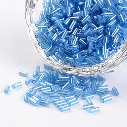 Colori trasparenti perle di perle di bugle placcate con lucentezza rotonda, blu fiordaliso, 2~5x1.8~2mm, Foro: 0.8 mm, circa 12000pcs/450g