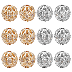 Nbeads 12pcs 2 Farben Rack-Beschichtung Messing Micro Pave klare Zirkonia Perlen, langlebig plattiert, Runde mit Blume, echt vergoldet & echt platiniert, 8 mm, Bohrung: 1.4 mm, 6 Stk. je Farbe