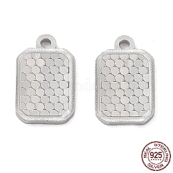 925 Sterling Silver Charms, Rectangle with Polka Dot Charm, Textured, Real Platinum Plated, 13x8x1.2mm, Hole: 1.4mm