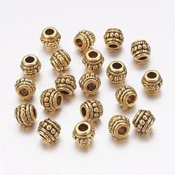 Tibetischer stil legierung perlen, Bleifrei, Cadmiumfrei und Nickel frei, Fass, Antik Golden, ca. 8 mm Durchmesser, 6.5 mm dick, Bohrung: 3.5 mm