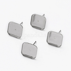 Accessoires de puces d'oreilles en 304 acier inoxydable, avec monture carrée pour cabochon, couleur inoxydable, 10.5x10.5mm, pin: 0.8 mm, Plateau: 10x10 mm