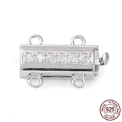 Rhodium Plated 925 Sterling Silver Micro Pave Clear Cubic Zirconia Box Clasps, 2-Strand, 4-Hole, Rectangle, with 925 Stamp, Real Platinum Plated, 14x9.5x3mm, Hole: 1.2mm
