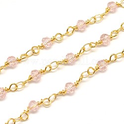 Electroplate Brass Glass Beads Handmade Chains, Unwelded, with Spool, Golden, Pink, 13x4mm