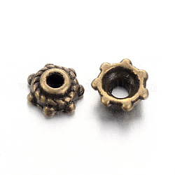 Tibetan Style Beads Caps, Lead Free & Nickel Free & Cadmium Free, Flower, Antique Bronze Color, Size: about 5mm in diameter, 2mm thick, hole: 1mm, Inner Diameter: 3mm