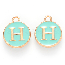 Golden Plated Alloy Enamel Charms, Cadmium Free & Lead Free, Enamelled Sequins, Flat Round with Letter, Turquoise, Letter.H, 14x12x2mm, Hole: 1.5mm