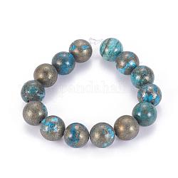 Chapelets de perles de pyrite naturelle , teinte, ronde, Dodger bleu, 14mm, Trou: 1mm, Environ 14 pcs/chapelet, 8 pouce