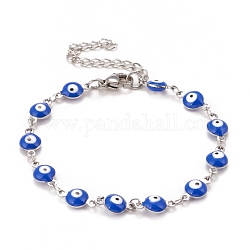 Ovale en émail avec bracelet chaînes à maillons mauvais œil, 304 bijoux en acier inoxydable pour femme, couleur inoxydable, bleu, 6-1/2 pouce (16.5 cm)
