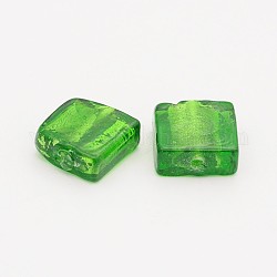 Handmade Silver Foil Lampwork Glass Beads, Square, Green, 12x12mm, Hole: 2mm