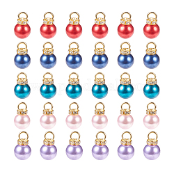 Pendentifs de perle d'imitation acrylique, avec perles en strass et fer, or, ronde, couleur mixte, 19~20x12mm, Trou: 4.5mm, 10 pcs / couleur, 50 pièces / kit